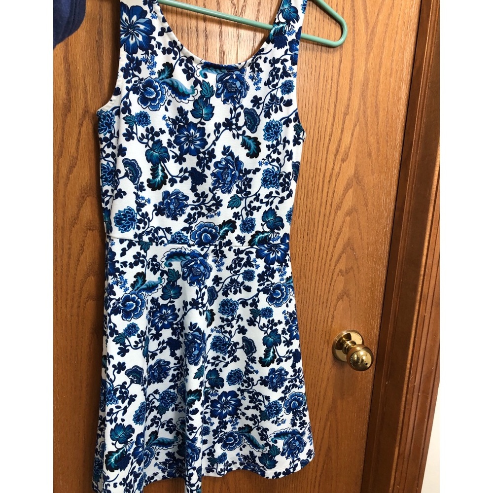 Blue floral dress.